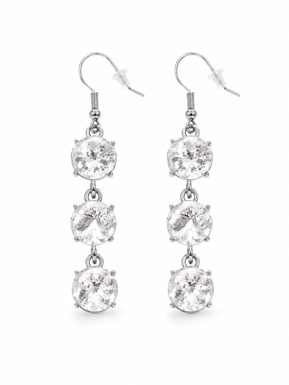 Sparkling Triple Clear CZ Drop Dangle Earrings Silver Tone Bridal Prom Wedding